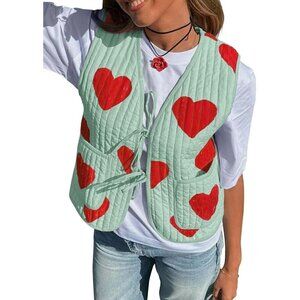 ✨ Tankaneo Jacket Women Red Tie Front Quilted Cropped Heart Print Striped Coat